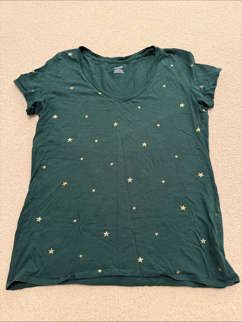 PINK Victoria's Secret Dark Green V-Neck Tee with Gold Star Print
